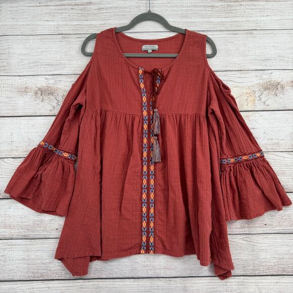 World Market BOHO Embroidered Cold Shoulder Blouse Womens L XL Brick Red - Picture 1 of 11